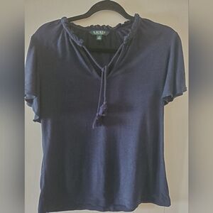 Lauren Ralph Lauren Linen-Blend Tie-Neck navy top size small